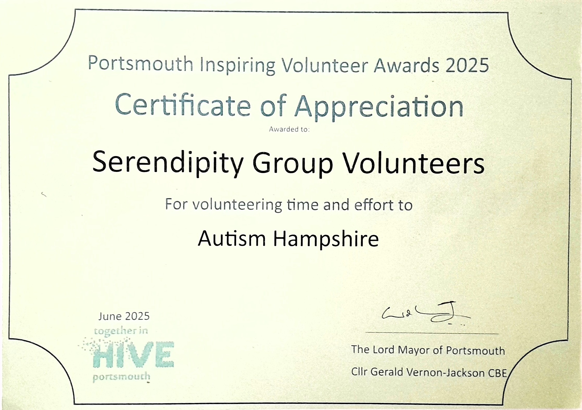 Certificate of appreciation - Portsmouth Inspiring Volunteer Awards 2025