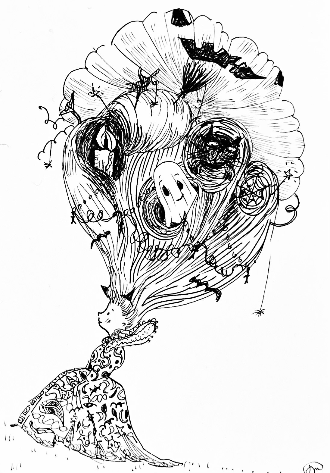 Inktober image by Jo Cockwell - a woman with huge hair filled with curious objects.