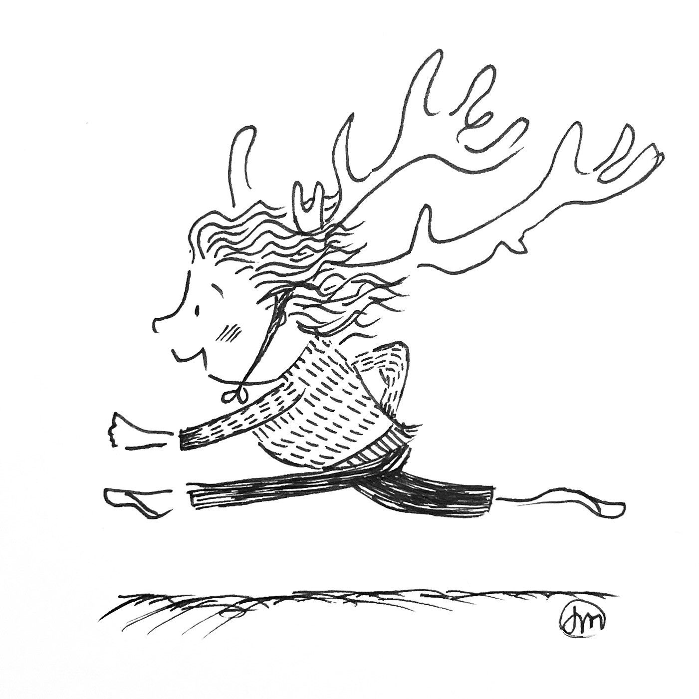 Inktober image by Jo Cockwell - a person running wearing deer antlers on their head.