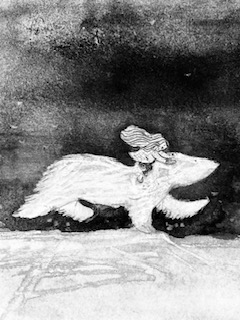 Inktober image by Jo Cockwell - a girl riding a polar bear against a dark sky.