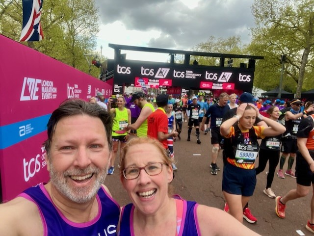 Maureen and Angus Grant at the end of the London Marathon